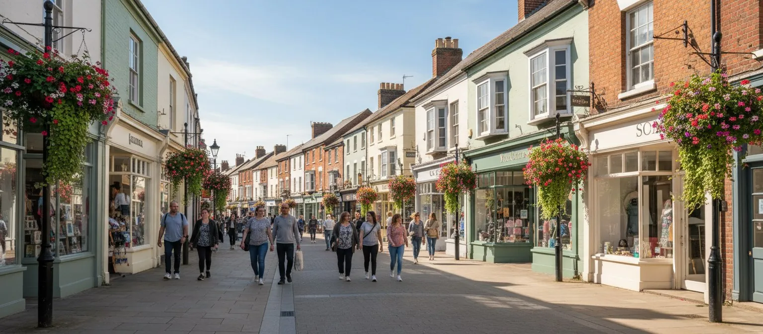 A row of small independent shopfronts on a sunny British high street
